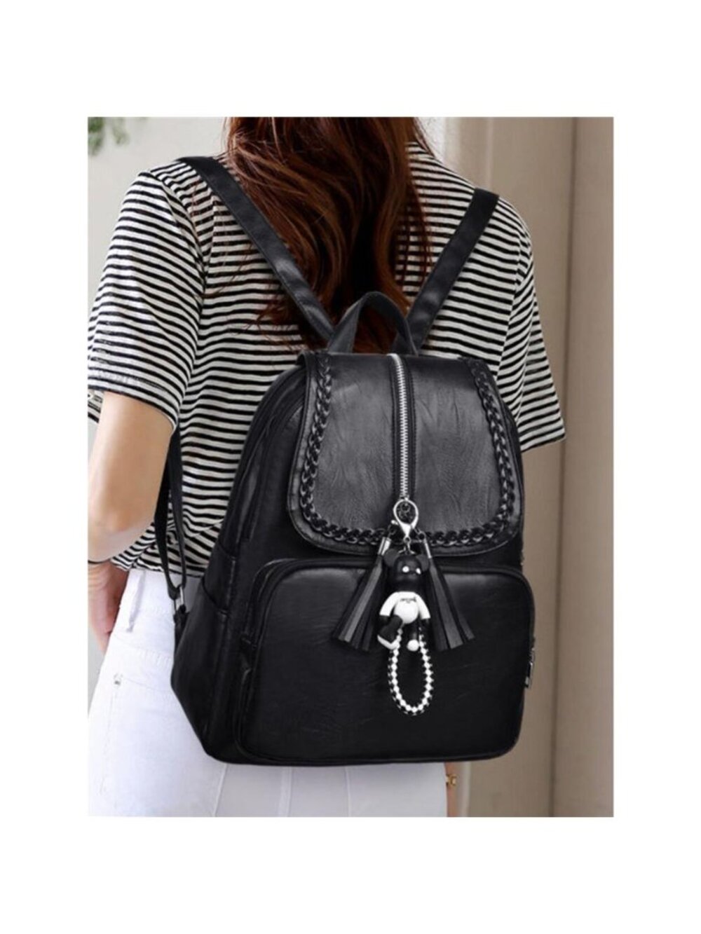 Braided Trim Leather Backpack Bag